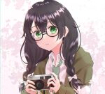  bangs black_hair blush bow braid camera cevio cherry_blossoms collared_shirt glasses green_eyes hair_bow hanakuma_chifuyu holding holding_camera hood hoodie long_hair long_sleeves looking_to_the_side necktie outdoors parted_lips rooibos shirt sleeves_past_wrists synthesizer_v twin_braids 