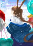  1girl absurdres amiya_(arknights) animal_balloon animal_ears arknights balloon bangs blue_eyes blue_jacket blurry brown_hair bunting chinese_commentary commentary_request confetti falling_petals from_behind heart_balloon highres jacket jewelry long_hair long_sleeves looking_up off_shoulder parted_lips petals ponytail rabbit_ears ring shirt smile solo very_long_hair white_shirt yowza 