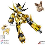  1boy :3 absurdres arm_cannon armor artist_name black_sclera colored_sclera digimon eevee english_commentary full_armor full_body fur_collar gun highres jolteon parody pokemon reference_inset rifle solo style_parody tail villiamboom1 weapon white_background yellow_eyes 