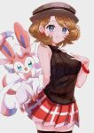  1girl bangs blue_eyes blush bracelet brown_hair brown_vest closed_mouth commentary_request earrings eyelashes grey_headwear hat highres jewelry looking_at_viewer mcmcusg medium_hair pokemon pokemon_(anime) pokemon_(creature) pokemon_journeys red_skirt serena_(pokemon) shiny shiny_skin skirt smile sweater_vest sylveon thigh-highs vest 