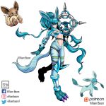  1girl :3 animal_ears armor artist_name blue_eyes blue_hair center_opening claws digimon eevee elbow_pads english_commentary full_body glaceon highres holding holding_weapon knee_pads long_hair parody pokemon reference_inset solo style_parody tail very_long_hair villiamboom1 weapon white_background yellow_eyes 
