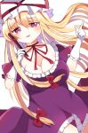  1girl bangs blonde_hair blush commentary_request eyes_visible_through_hair hair_between_eyes highres long_hair looking_at_viewer open_mouth simple_background smile solo standing touhou violet_eyes white_background yakumo_yukari zeroko-san_(nuclear_f) 