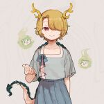  1girl alternate_hair_color animal animal_ears antlers bangs blue_bow blue_shirt blue_skirt bow brown_hair closed_mouth collarbone colored_skin dragon_tail fingernails green_eyes green_skin grey_background hair_between_eyes hair_over_one_eye hand_up kicchou_yachie light_brown_hair looking_at_viewer otter otter_ears otter_spirit_(touhou) red_eyes s_hirono28 shirt short_hair short_sleeves simple_background skirt smile solo spirit standing tail touhou turtle_shell 