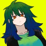  1girl absurdres antenna_hair blue_hair closed_mouth collarbone gradient gradient_hair green_hair hair_between_eyes highres kanke_(kank06020602) mole mole_under_eye multicolored_hair orange_eyes original simple_background solo upper_body yellow_background 