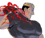  1boy black_hair blonde_hair fingerless_gloves gloves glowing glowing_hand grin large_pectorals male_focus multicolored_hair muscular muscular_male no_pupils nyaattoberritto pectorals sharp_teeth shirt smile teeth the_king_of_fighters tight tight_shirt white_background yamazaki_ryuuji 