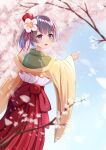  1girl absurdres aqpaca bangs blunt_bangs bow branch cherry_blossoms commentary_request flower frilled_skirt frills green_kimono hair_flower hair_ornament hakama hakama_skirt hieda_no_akyuu highres japanese_clothes kimono layered_clothes layered_kimono long_sleeves looking_at_viewer looking_back open_mouth outdoors pointing purple_hair red_bow red_hakama red_sash red_skirt sash short_hair skirt solo touhou upper_body violet_eyes wide_sleeves yellow_kimono 