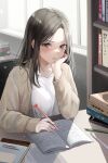  1girl absurdres black_hair blush book book_stack bookshelf brown_eyes closed_mouth desk highres holding holding_pen indoors lillly long_sleeves on_chair open_book original pen shirt sitting solo white_shirt writing 