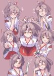  1girl 702_(naotsu) absurdres brown_eyes brown_hair crazy_eyes expressions hachimaki hair_down headband highres japanese_clothes kantai_collection kimono kitchen_knife laughing long_hair multiple_views pointing ponytail smile smug tears wide_sleeves wiping_tears zuihou_(kancolle) 