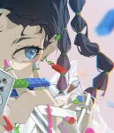  1girl absurdres blue_eyes blurry blurry_background braid daichi food highres ice_cream lego_brick looking_to_the_side nail_polish original piercing see-through smiley_face solo zipper 