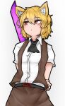  1girl absurdres animal_ear_fluff animal_ears ascot bangs belt black_ascot black_belt blonde_hair blush breasts brown_skirt brown_vest collared_shirt commentary_request cookie_(touhou) cowboy_shot fox_ears fox_girl hair_between_eyes highres looking_to_the_side miramikaru_riran okusuri red_eyes shirt short_hair short_sleeves simple_background skirt small_breasts solo vest white_background white_shirt 