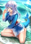  1girl absurdres blue_jacket fish_tail gawr_gura highres hololive hololive_english jacket looking_at_viewer maeshimashi open_mouth shark_tail sharp_teeth solo tail teeth thighs virtual_youtuber wet 