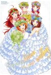  5girls :d absurdres bare_shoulders blue_eyes blue_flower blue_rose breasts brown_hair closed_mouth collarbone dress floating_hair flower from_above go-toubun_no_hanayome green_flower green_rose hair_over_shoulder head_wrearth highres layered_dress long_dress long_hair looking_at_viewer looking_up medium_breasts multiple_girls nakano_ichika nakano_itsuki nakano_miku nakano_nino nakano_yotsuba open_mouth pink_hair purple_flower purple_rose quintuplets redhead rose shiny shiny_hair short_hair shoulder_blades smile strapless strapless_dress sugimura_ayako wedding_dress white_dress white_flower white_rose yellow_flower yellow_rose 