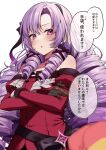  1girl absurdres bangs black_gloves blush claw_ring crossed_arms dress drill_hair gloves hair_ribbon highres hyakumantenbara_salome juliet_sleeves long_hair long_sleeves mia_(fai1510) nijisanji off_shoulder parted_lips puffy_sleeves purple_hair red_dress ribbon sideways_glance simple_background solo upper_body violet_eyes virtual_youtuber white_background 