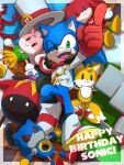  1boy ;d amy_rose boots character_doll dr._eggman furry furry_male gloves green_eyes happy_birthday hat knuckles_the_echidna looking_at_viewer lying male_focus metal_sonic on_back one_eye_closed red_gloves smile sonic_(series) sonic_the_hedgehog tails_(sonic) tomalpha1109 top_hat 
