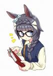  1girl animal_ears appleq bag bangs black_hair blue_eyes blue_vest book braid braided_ponytail breasts collared_shirt cropped_torso glasses grey_background highres holding holding_book horse_ears long_hair long_sleeves looking_to_the_side parted_lips shirt shoulder_bag simple_background small_breasts solo sweater_vest umamusume upper_body vest yellow_shirt zenno_rob_roy_(umamusume) 