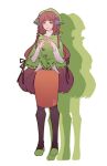  1bitheart 1girl blue_flower brown_hair brown_legwear capelet flower full_body green_capelet green_eyes green_footwear green_headwear hair_flower hair_ornament head_scarf long_hair long_sleeves looking_at_viewer miwasiba nasuki_chino official_art orange_flower orange_skirt pantyhose parted_lips pencil_skirt red_flower ribbon-trimmed_capelet shoes skirt smile solo sweater transparent_background very_long_hair white_sweater wing_print 