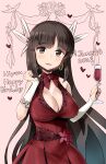  1girl alternate_costume black_hair breasts bridal_gauntlets brown_eyes cleavage_cutout clothing_cutout cup dress drinking_glass earrings gloves hair_ribbon highres hime_cut hiyou_(kancolle) holding holding_cup hoop_earrings jewelry kantai_collection large_breasts long_hair minase_(takaoka_nanase) red_dress ribbon sleeveless sleeveless_dress solo white_gloves white_ribbon wine_glass 