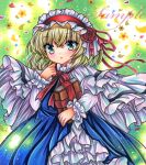  1girl :o alice_margatroid bangs blonde_hair blue_dress blue_eyes blush book capelet cowboy_shot dress embellished_costume fireflies floating_clothes flower frilled_dress frilled_hairband frilled_shirt_collar frilled_sleeves frills green_background grimoire_of_alice hair_between_eyes hair_flower hair_ornament hairband hand_up holding holding_book lolita_hairband long_sleeves looking_at_viewer marker_(medium) medium_hair neck_ribbon parted_lips petals red_flower red_hairband red_ribbon red_rose ribbon rose rui_(sugar3) sample_watermark shirt solo standing touhou traditional_media white_capelet white_shirt yellow_flower 