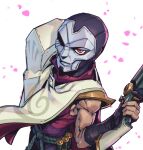  1boy bullet gloves gun holding holding_gun holding_weapon jhin league_of_legends looking_at_viewer male_focus mask muscular muscular_male phantom_ix_row red_eyes simple_background solo weapon white_background 