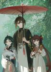  1girl 2boys ahoge brown_hair flower flower-shaped_pupils forehead_jewel genshin_impact gradient_hair green_hair highres hu_tao_(genshin_impact) looking_at_viewer multicolored_hair multiple_boys oil-paper_umbrella open_mouth plum_blossoms qingxin_gua_yu red_eyes symbol-shaped_pupils tassel umbrella xiao_(genshin_impact) zhongli_(genshin_impact) 