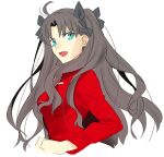 1girl ahoge black_hair blouse blue_eyes breasts fate/stay_night fate_(series) hair_ribbon highres long_hair looking_at_viewer open_mouth red_shirt ribbon sen_(77nuvola) shirt simple_background smile solo tohsaka_rin twintails upper_body white_background 
