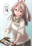 1girl apron blue_background bowl brown_eyes commentary_request cowboy_shot food fuji_(pixiv24804665) gradient gradient_background grey_hair hachimaki headband heart high_ponytail highres japanese_clothes kantai_collection kappougi long_hair omelet rice rice_bowl solo tamagoyaki translation_request tray zuihou_(kancolle) zuihou_kai_ni_(kancolle) 
