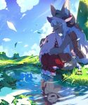  1girl 1other bangs blue_sky blunt_bangs blush_stickers cape closed_eyes clouds creature different_reflection ears_through_headwear falling_leaves field flower furry grass happy helmet highres hug leaf long_hair made_in_abyss mitty_(made_in_abyss) mitty_(made_in_abyss)_(human) nanachi_(made_in_abyss) nanachi_(made_in_abyss)_(human) nature on_ground open_mouth outdoors pants pond pouch red_pants redhead reflection ripples shade shore sidelocks sitting sky soaking_feet topless tree very_long_hair water whiskers white_flower white_hair wind wonchun 