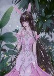  1girl absurdres animal_ears brown_hair bug butterfly closed_mouth collar douluo_dalu dress hair_ornament highres leaf light looking_to_the_side metal_collar pink_dress ponytail rabbit_ears solo upper_body xiao_hetian_liu_kuai xiao_wu_(douluo_dalu) 