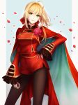  1girl ahoge black_legwear blonde_hair blue_background bow cape closed_mouth contrapposto fate/extra fate_(series) green_eyes hair_bow hair_intakes hand_on_hip hand_on_own_hip highres legwear_under_shorts long_hair nero_claudius_(fate) pantyhose petals red_bow red_cape red_shorts sapphirez39 short_shorts shorts side_slit side_slit_shorts sleeves_past_wrists smile solo standing 