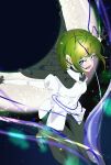  1girl absurdres antennae bangs black_cape black_gloves black_pants breasts cape collared_shirt commentary_request crescent_moon full_body gloves green_eyes green_hair highres juliet_sleeves long_sleeves looking_at_viewer mizoreshi moon open_mouth pants puffy_sleeves shirt short_hair small_breasts solo touhou white_shirt wriggle_nightbug 