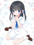  1girl absurdres bangs black_hair blue_eyes blunt_bangs blush bow dress hair_bow hands_up highres loafers long_hair looking_at_viewer neckerchief nekomura_yuyuko original own_hands_together sailor_dress shoes sitting socks solo two_side_up wariza 