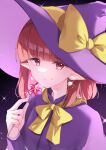  1girl absurdres ameria_(artist) bow bowtie capelet closed_mouth commentary_request dress earrings happy hat hat_bow highres holding holding_wand jewelry kirisame_marisa kirisame_marisa_(pc-98) looking_at_viewer pointy_ears purple_capelet purple_dress purple_headwear red_eyes redhead short_hair smile star_wand story_of_eastern_wonderland touhou touhou_(pc-98) upper_body wand witch witch_hat yellow_bow yellow_bowtie 