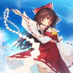  1girl :o ahoge ascot blush bow brown_hair clouds cowboy_shot day detached_sleeves floating_hair frilled_bow frilled_hair_tubes frilled_skirt frills gohei hair_bow hair_tubes hakurei_reimu highres holding_gohei ichita_(yixisama-shihaohaizhi) lens_flare long_hair looking_at_viewer red_bow red_eyes red_skirt red_vest ribbon-trimmed_skirt ribbon-trimmed_sleeves ribbon_trim sidelocks skirt skirt_set sky solo touhou twitter_username vest white_sleeves wide_sleeves yellow_ascot 