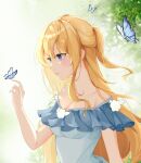  1girl absurdres bangs blonde_hair blue_butterfly blue_dress blue_eyes blurry blurry_background blush bug butterfly chaeming_32 colored_eyelashes dress hair_between_eyes hand_up highres long_hair open_mouth original short_sleeves smile solo 