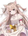  1girl animal animal_ears bangs blush brown_hair cat_ears collared_dress dress extra_ears highres holding holding_clothes holding_dress long_hair looking_at_viewer natori_sana nekozya1 open_mouth red_eyes sana_channel short_sleeves simple_background smile two_side_up white_background wrist_cuffs 