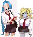  2girls alternate_costume between_breasts black_eyes blonde_hair blue_eyes blue_hair blush breasts cellphone charm_(object) closed_mouth earrings fingernails half-closed_eyes highres holding holding_phone jewelry jinx_(league_of_legends) league_of_legends long_hair multiple_girls necktie necktie_between_breasts ohasi phone plaid plaid_necktie plaid_skirt pointy_ears poppy_(league_of_legends) purple_skirt red_necktie skirt sleeves_past_wrists thigh-highs twintails very_long_hair white_legwear yordle zipper zipper_pull_tab 