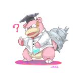  ? buttons claws clothed_pokemon collared_shirt commentary_request fangs full_body glasses hat hatted_pokemon holding looking_down mortarboard open_mouth oyasuminjyutsu pokemon round_eyewear shirt slowbro standing test_tube tongue white_shirt 