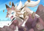  absurdres blue_eyes commentary_request day fangs glowing hatoro_kuroyoshi highres lycanroc lycanroc_(midday) no_humans open_mouth outdoors pokemon pokemon_(creature) rock sky solo tongue 