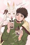  1boy 1girl antennae beard black_headwear black_nails bow brown_bow brown_hair bubble_tea cup detached_sleeves facial_hair fur_scarf green_jacket gucci_(vtuber) hair_bow hand_on_another&#039;s_shoulder highres holding holding_cup indie_virtual_youtuber jacket mecca_(pad_f00t) sanagi_yuzu second-party_source smile v-shaped_eyebrows virtual_youtuber yellow_eyes 