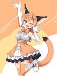  1girl absurdres animal_costume animal_ear_fluff animal_ears blue_eyes bow bowtie caracal_(kemono_friends) caracal_ears elbow_gloves gloves highres kemono_friends kemono_friends_v_project kneehighs long_hair looking_at_viewer microphone one_eye_closed open_mouth orange_hair shiraha_maru shirt shoes skirt sleeveless sleeveless_shirt smile solo tail virtual_youtuber 