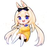 1girl :3 :d animal_ears blonde_hair blue_eyes bow cat_ears chibi commentary constricted_pupils dress forehead full_body hair_between_eyes hair_bow hair_ornament heart holding kneehighs knees_together_feet_apart long_hair long_sleeves looking_at_viewer open_mouth playboy_bunny rabbit_ears rabbit_girl sailor_collar simple_background smile solo sparkle stuffed_animal stuffed_bunny stuffed_toy sweater sweater_dress teeth thick_eyebrows thick_eyelashes upper_teeth very_long_hair virtual_youtuber vyugen white_background white_legwear yellow_sweater yenko_(vtuber) yuniepix 