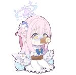  1girl bangs blue_archive blue_bow blue_flower bound bow cake capelet chibi dress feathered_wings flower food food_in_mouth frilled_dress frills hair_bun hair_flower hair_ornament halo highres long_hair low_wings mika_(blue_archive) nyaru_(nyaru_4126) pink_hair restrained simple_background single_side_bun solo sweat swiss_roll tears tied_up_(nonsexual) turn_pale very_long_hair white_background white_capelet white_dress white_wings wings yellow_eyes 