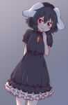  1girl alternate_color animal_ears black_dress black_hair carrot_necklace dress floppy_ears inaba_tewi puffy_short_sleeves puffy_sleeves rabbit_ears rabbit_girl red_eyes ribbon-trimmed_dress ribbon-trimmed_skirt ribbon_trim short_hair short_sleeves solo touhou wavy_hair wool_(miwol) 