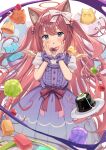 1girl :3 animal_ear_fluff animal_ears bangs blue_eyes blush bow bow_hairband buttons candy cat_ears center_frills chestnut_mouth choker creature diamond_button dress food frills gelatin goma_(u_p) hair_bow hair_ornament hairband halo hands_on_own_cheeks hands_on_own_face hands_up highres layered_clothes long_hair looking_at_viewer nail_polish open_mouth original pinafore_dress pink_hair plate short_sleeves solid_circle_eyes solo thick_eyebrows two_side_up very_long_hair wagashi waist_bow wings wrist_cuffs