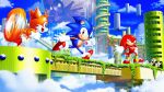  3boys :d absurdres blue_sky closed_mouth clouds fox_boy furry furry_male gloves highres knuckles_the_echidna multiple_boys one_eye_closed open_mouth red_footwear sky smile snout sonic_&amp;_knuckles sonic_(series) sonic_the_hedgehog sonic_the_hedgehog_(classic) tails_(sonic) tripplejaz walking white_gloves 