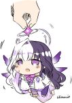  1girl 1other black_hair carrying character_name check_copyright chibi copyright_request dress eileennoir full_body halo highres indie_virtual_youtuber multicolored_hair sesield simple_background two-tone_hair violet_eyes virtual_youtuber white_background white_dress white_hair wings 