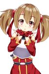  1girl :o bangs belt brown_hair fingerless_gloves gloves hair_between_eyes hair_ribbon highres looking_at_viewer open_mouth red_eyes red_ribbon ribbon short_hair short_twintails silica solo sword_art_online twintails white_background wistar1as 
