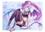  1girl azure_ryouka boots commission crop_top demon_girl demon_horns demon_tail demon_wings horns indie_virtual_youtuber long_hair looking_at_viewer ponytail purple_hair shione_(memento_forest) skeb_commission solo starry_background tail thigh-highs very_long_hair virtual_youtuber wings 