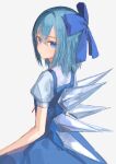  1girl blue_bow blue_dress blue_eyes blue_hair bow cirno commentary cowboy_shot dress from_behind grey_background hair_bow highres ice ice_wings ichika_(ichika87) looking_at_viewer medium_hair neck_ribbon puffy_short_sleeves puffy_sleeves red_ribbon ribbon shirt short_sleeves simple_background solo touhou white_shirt wings 