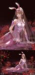  1girl absurdres animal_ears brown_hair chu_ji_yun collar douluo_dalu dress dust flower full_body high_heels highres long_hair lying metal_collar on_side pink_dress ponytail rabbit_ears see-through see-through_skirt skirt solo spider_lily xiao_wu_(douluo_dalu) 